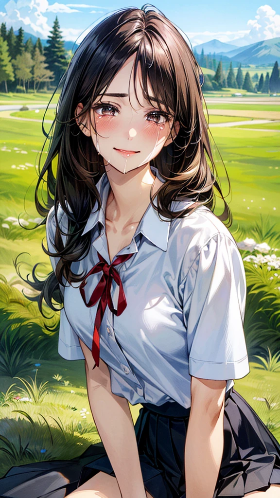 (masterpiece:1.2, top-quality, ultra high res, ultra detailed), (realistic, photorealistic:1.4), beautiful illustration, (natural side lighting, movie lighting),
looking at viewer, (face focus, upper body), 1 girl, japanese, high school dirl, perfect face, (perfect anatomy), cute and symmetrical face, baby face, shiny skin, slender
(long hair:1.5, straight hair:1.2, sark brown hair), parted bangs, grey eyes, long eye lasher, (medium breasts),
beautiful hair, beautiful face, beautiful detailed eyes, beautiful clavicle, beautiful body, beautiful chest, beautiful thigh, beautiful legs,
((detailed cloth texture, short sleeve white collared shirts, navy blue pleated mini skirt, red neck ribbon), , ,
(beautiful scenery), hands on chest, (lovely smile, upper eyes),
In a grassy meadow, a girl is on all fours, being held by a large dog in heat from behind, on her back, and mating.
Her face was bright red, her eyes were closed, her mouth was open, and she was crying.
The skirt was so short that it was almost impossible to see.