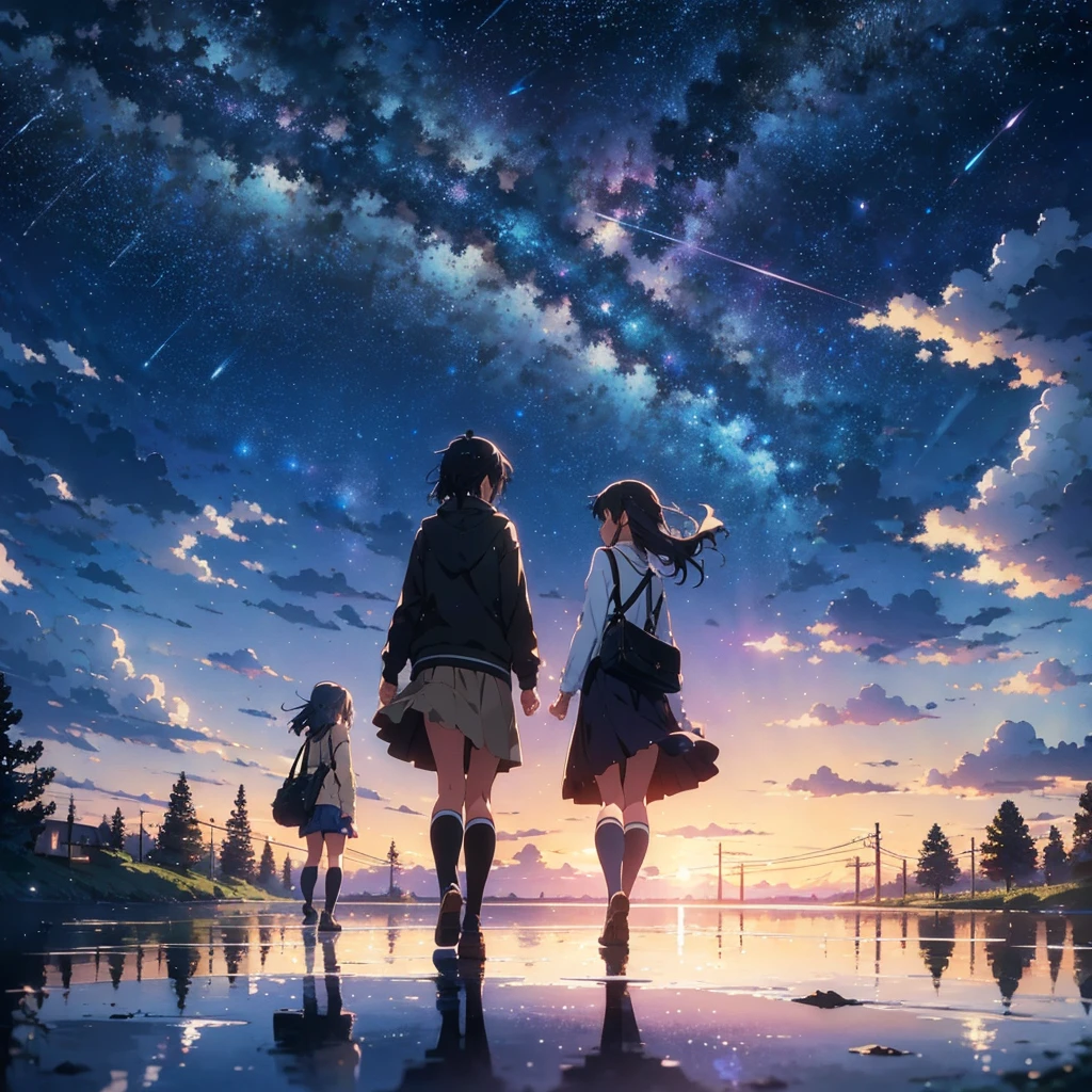 masterpiece, Concept Art, Panorama, figure, Wide Shot, One girl, Are standing, cliff, Flower Field, night, (Meteors), Space galaxy background, (A magnificent composition, Epic proportions), Dynamic Lighting, 鮮やかなcolor, makoto shinkai, Your name is inspiration, High quality , landscape, Animated train passing through water on the tracks, Bright starry sky. break Romantic train, Pixiv, Concept Art, Lofi Art style, reflection. by Makoto Shinkai, Lofi Art, Beautiful anime scene, break Anime landscape, detailedなlandscape, in Makoto Shinkai&#39;s Style, Makoto Shinkai&#39;s Style, 強化されたdetailed, break,detailed,Realistic,4K の非常にdetailedなデジタルアート,Octane Rendering, Bioluminescent, break 8K resolution Concept Art, realism,Mappa Studio,masterpiece,Highest quality,Official Art,figure,Clear lines,(nice_color),Perfect composition,Absurd, Fantasy,Concentration
