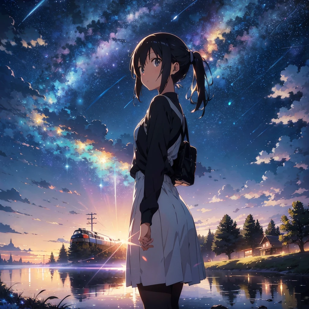 masterpiece, Concept Art, Panorama, figure, Wide Shot, One girl, Are standing, cliff, Flower Field, night, (Meteors), Space galaxy background, (A magnificent composition, Epic proportions), Dynamic Lighting, 鮮やかなcolor, makoto shinkai, Your name is inspiration, High quality , landscape, Animated train passing through water on the tracks, Bright starry sky. break Romantic train, Pixiv, Concept Art, Lofi Art style, reflection. by Makoto Shinkai, Lofi Art, Beautiful anime scene, break Anime landscape, detailedなlandscape, in Makoto Shinkai&#39;s Style, Makoto Shinkai&#39;s Style, 強化されたdetailed, break,detailed,Realistic,4K の非常にdetailedなデジタルアート,Octane Rendering, Bioluminescent, break 8K resolution Concept Art, realism,Mappa Studio,masterpiece,Highest quality,Official Art,figure,Clear lines,(nice_color),Perfect composition,Absurd, Fantasy,Concentration