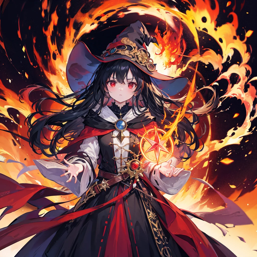((((witch)))) (((wand of flame grimoire Stand on a magic circle))) ((Black Hair witchの帽子 Red eyes Looking down)) ((explosion fire beam)) (Magic Robe Black Hole) incantation Runes Shining Background Shining Edge