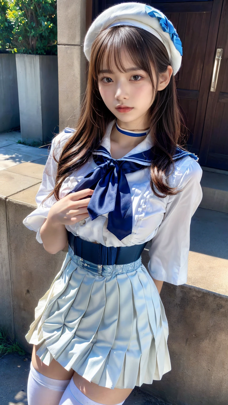 (absurdres:1.3), (highres:1.3), (ultra detailed:1.3),(1girl:1.3), (extremely detailed CG unity 8k wallpaper:1.3), (detailed skin texture, detailed cloth texture, detailed hair texture), (beautiful detailed face, supermodel, pale skin, realistic glistening skin), (RAW photo, best quality), (realistic, photo-realistic:1.4), masterpiece, extremely delicate and beautiful,Amazing, finely detail, extremely detailed CG unity 8k wallpaper, huge filesize, ultra-detailed, highres, absurdres, soft light,rim light, vibrant details, hotel room, straight hair, large breasts, black hair color, Big Natural Color Lip, (perfect body shape), beautiful legs, (white (skirt, pleated skirt):1.5), (white beret with light-blue ribbon:1.4), (blue sailor collar:1.4), (white shirt:1.4), (double-breasted on deep-blue waist cincher:1.3), (short bishop-sleeve:1.3), (light-blue ribbon:1.3), ((white socks, loafers):1.2), crying a little、Harajuku style、20 year old girl、cute type、ta、