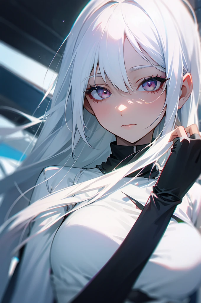 A woman with white hair and white eyes, I'm wearing a white bolero over white hot pants and a black t-shirt.. In the picture, she should be giving off a chic vibe..