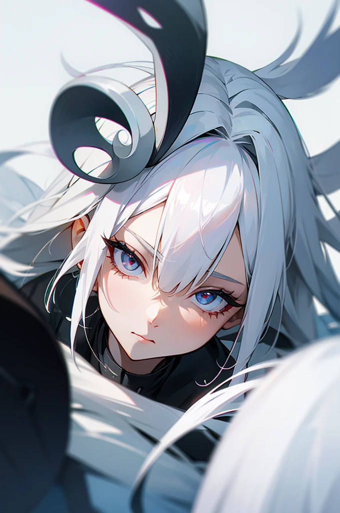 A woman with white hair and white eyes, I'm wearing a white bolero over white hot pants and a black t-shirt.. In the picture, she should be giving off a chic vibe..