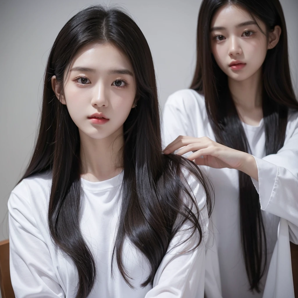 a close up of a woman with long hair wearing a white shirt, 1 8 yo, 18 years old, 19-year-old girl, xintong chen, korean girl, xision wu, heonhwa choe, 2 2 years old, 21 years old, ulzzang, wenfei ye, young cute wan asian face, lips