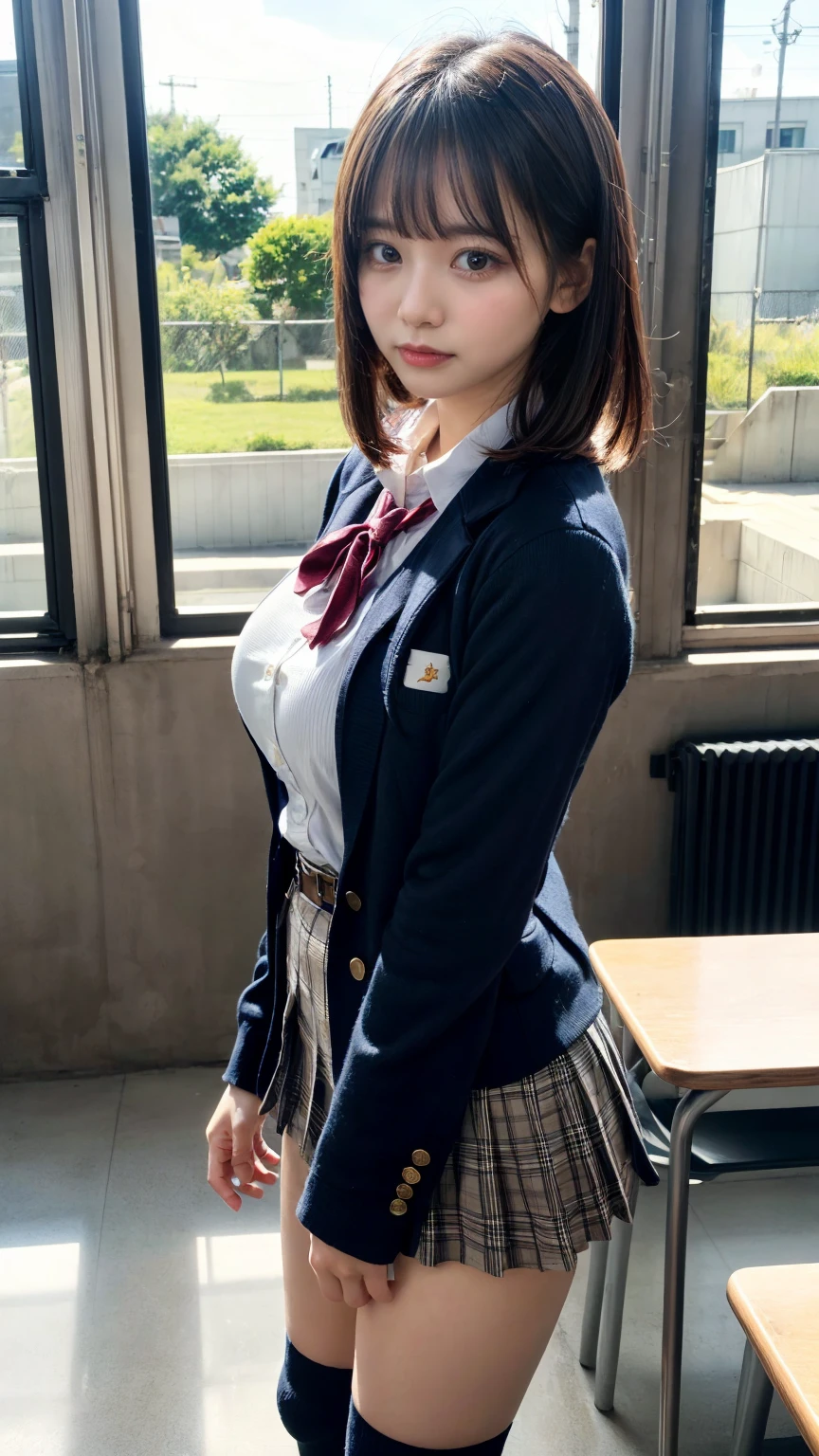 masterpiece, best quality, illustration, Super detailed, fine details, High resolution, 8K,wall paper, perfect dynamic composition,(Details High quality, realistic depiction of eyes:1.3), from side, High School Classroom、High school girl uniform、blazer 、Super Short Check Uniform Skirt、Navy blue high socks、garterbelts、Colossal tits、Disturbed uniform, short bob hair, black hair color, large breasts, Big Natural Color Lip, bold sexy pose, (perfect body shape), crying a little、cold gaze, Harajuku style、20 year old girl、cute type, beautiful legs, hposing Gravure Idol, Voluptuous thighs