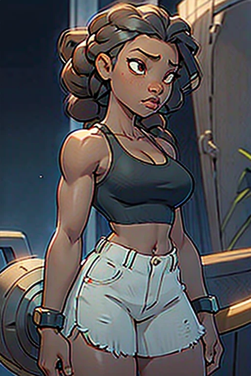 dark skin middle aged small  drugged Jamaican , tired and moody, on drugs, messy black dreads, tattoos, hands wrapped in bandage, ripped shorts, tank top, breasts spillage, holding nunchaku