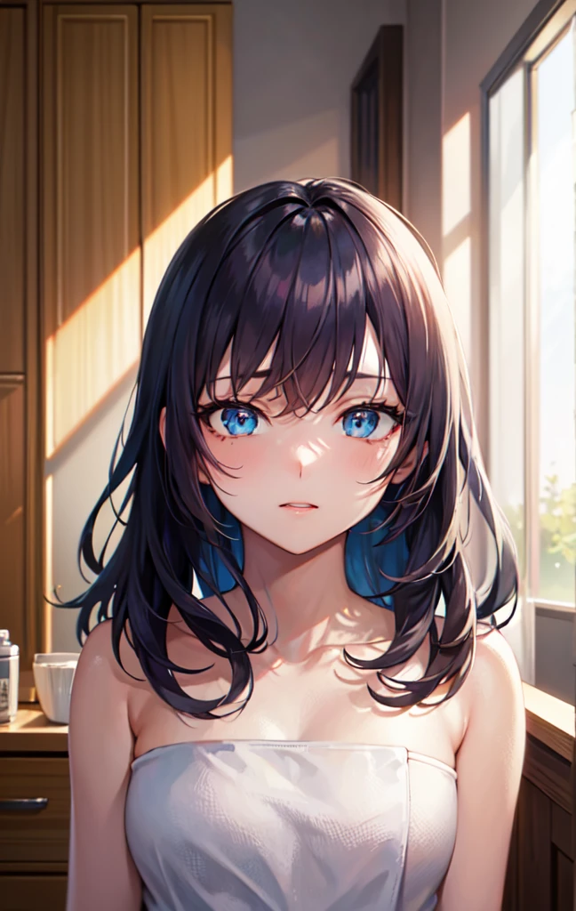 work of art, high resolution, highest quallity, illustration, cinematic light, ultra detaild, face detailed, (((detailedeyes))), best qualityer, hyper detailled, work of art, (face detailed), Alisa Kujou, 1 girl, long hair, blue colored eyes, no clothes with just a towel on the bed