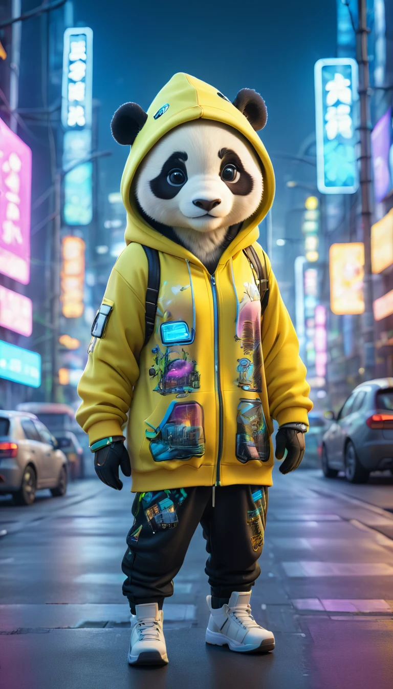 Cute panda in urban clothes, one yellow hoodie, futuristic hat, standing on the road in a hi-tech cityscape with neon lights and holographic signs. Background has a modern, cyberpunk, hi-tech feel. Adorable digital painting, 3D rendering, bright lighting, vibrant colors.