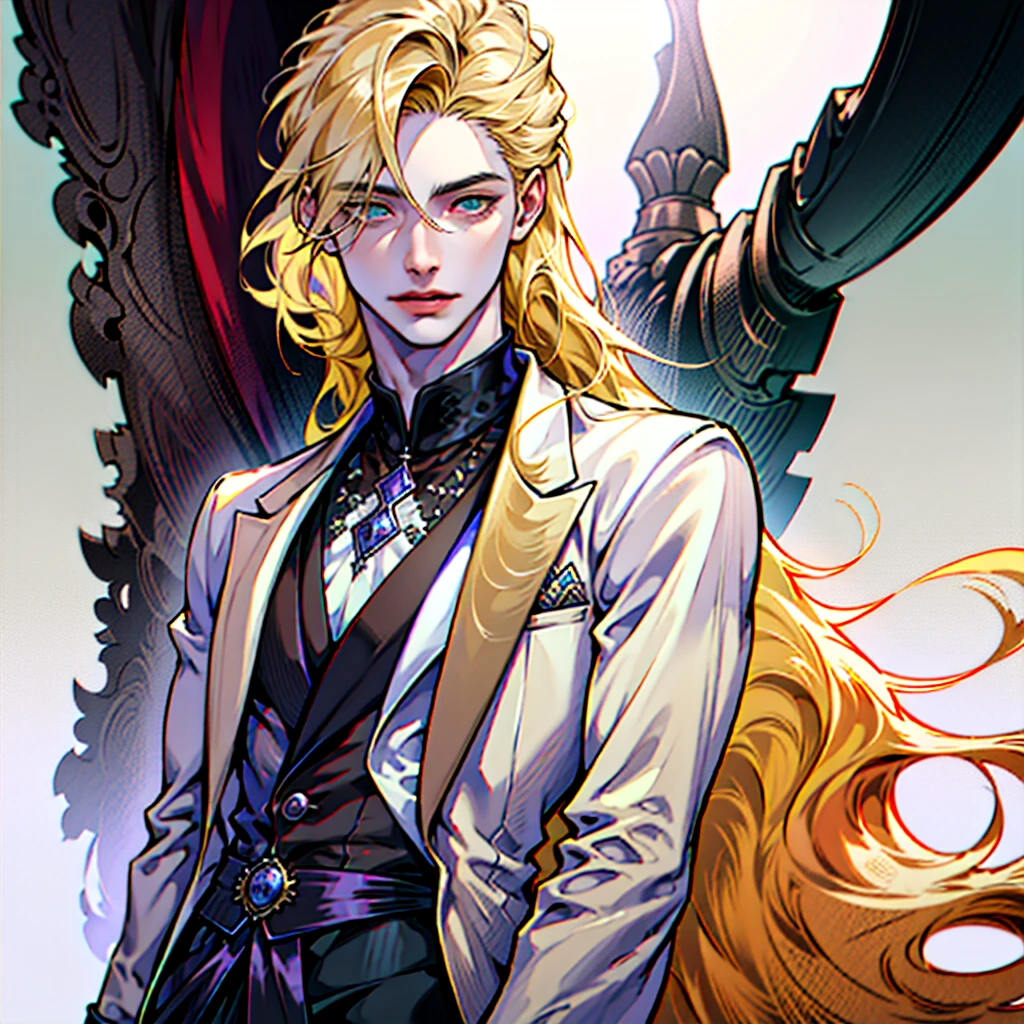German ethnic boy with long blonde hair, long lock hanging in front, pale skin, green left eye, purple right eye, hairless skin, White shirt, elegant brown suit, Black pants, with a perfect face, handsome, attractive, with a gentle and dominant aura