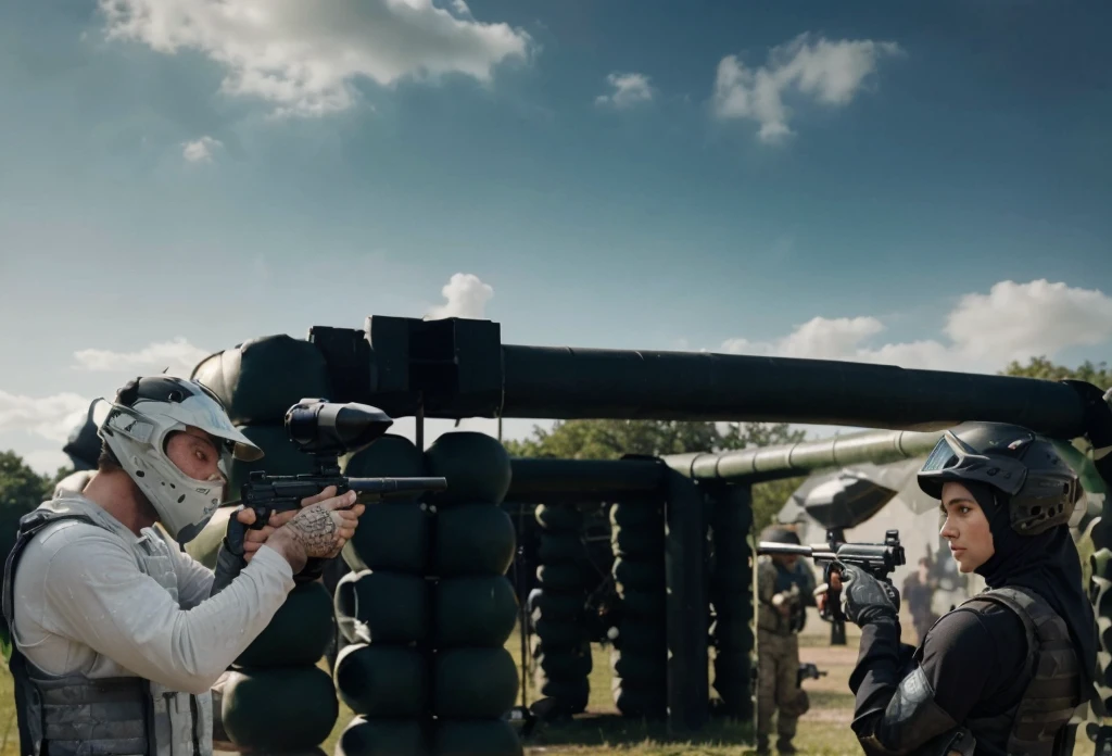 picture from the side, 30 year old man, muscular, wearing a helmet, wearing a gray long-sleeved paintball uniform, wearing a gray vest, the man is holding up a paintball marker towards the enemy in front of him, namely a woman wearing a hijab, wearing a helmet black, wearing a black paintball uniform, wearing a black vest, very epic scene where the two of them point paintball markers at each other in a match, background of the paintball field during the day, cinematic, realistic, 4k, very detailed, intricate design
