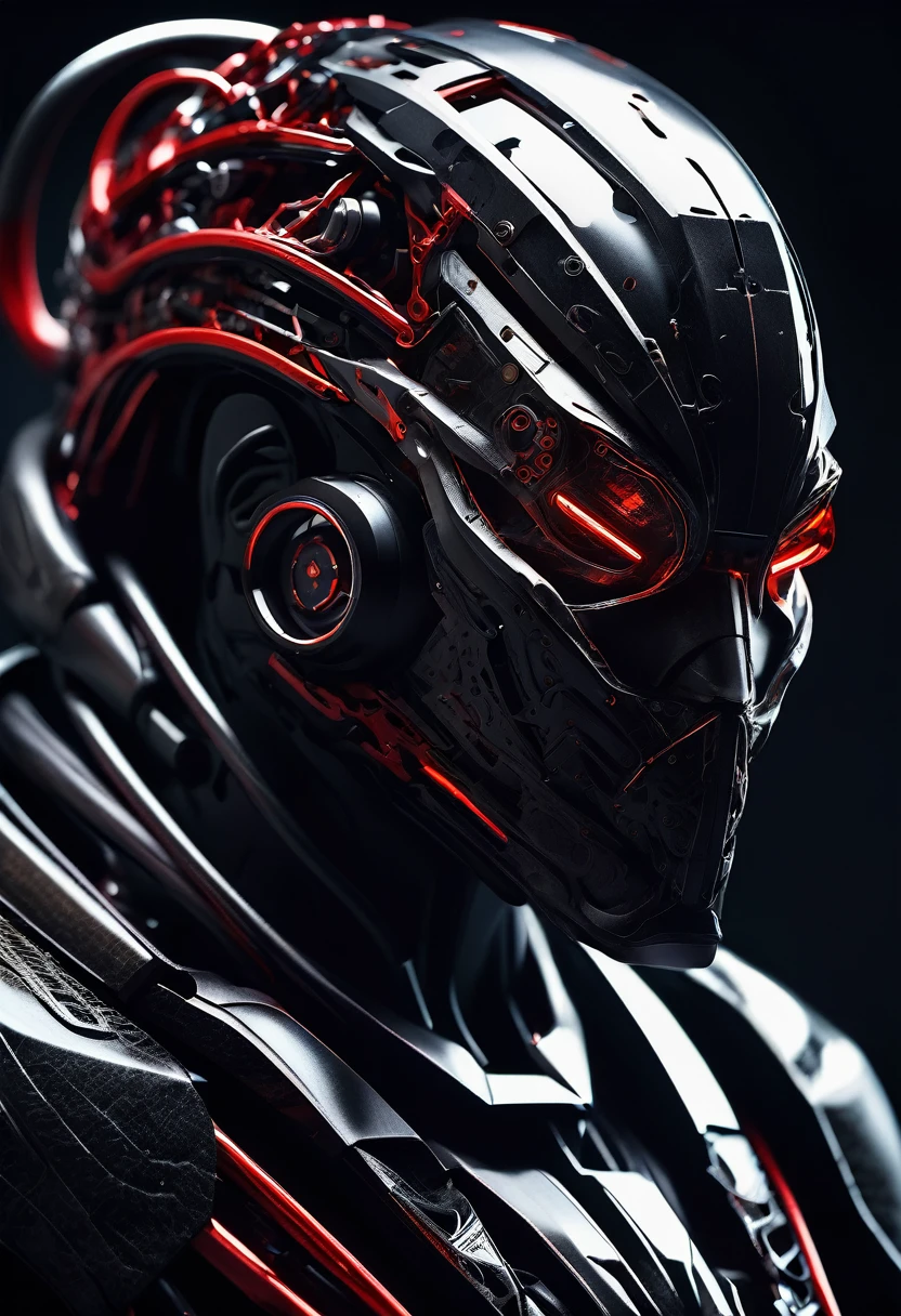 A menacing futuristic industrial design cyborg in a white photography studio, wear a hi tech mask, a matte blac exoskeleton with red details. Matte black mecha body melds with a futuristic breathing mask. Cinematic low-key lighting accentuates sharp edges and ominous silhouette. Hyper-detailed textures reveal intricate circuitry and industrial design spares. Dramatic composition emphasizes the figure's imposing presence. Color palette contrasts deep blacks with vibrant reds and cool whites. Rendered in ultra-high 8K resolution, capturing every eerie detail.