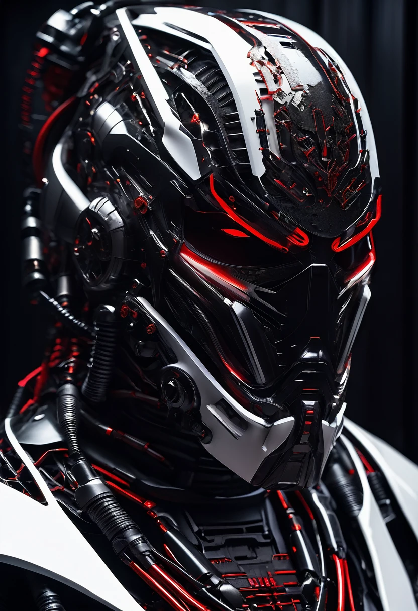 A menacing futuristic industrial design cyborg in a white photography studio, wear a hi tech mask, a matte blac exoskeleton with red details. Matte black mecha body melds with a futuristic breathing mask. Cinematic low-key lighting accentuates sharp edges and ominous silhouette. Hyper-detailed textures reveal intricate circuitry and industrial design spares. Dramatic composition emphasizes the figure's imposing presence. Color palette contrasts deep blacks with vibrant reds and cool whites. Rendered in ultra-high 8K resolution, capturing every eerie detail.