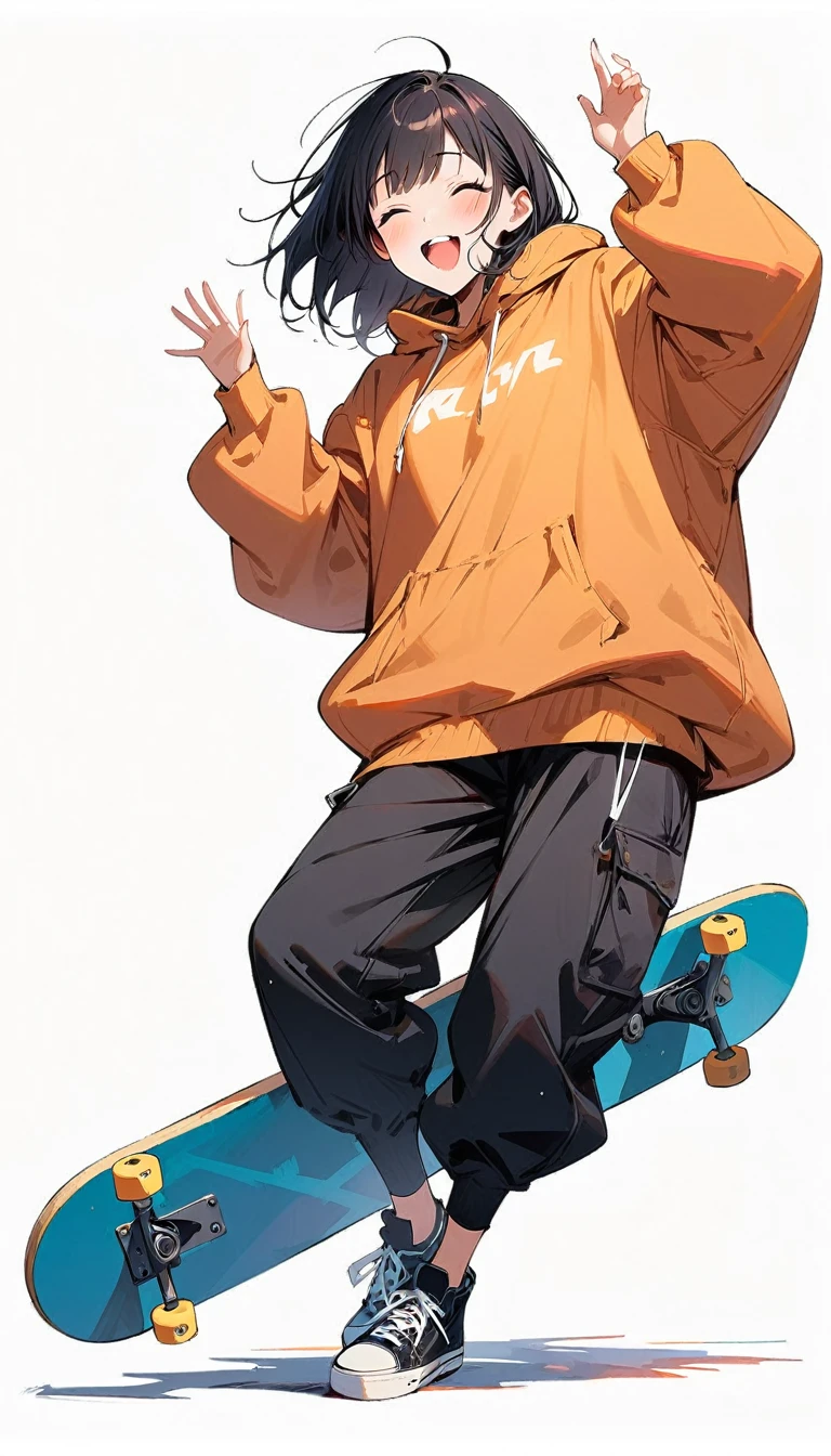 (masterpiece, best quality:1.2), 1 girl, alone, Expression of joy, laugh, baggy jumper, short, skateboard, full body, simple background, simple background,