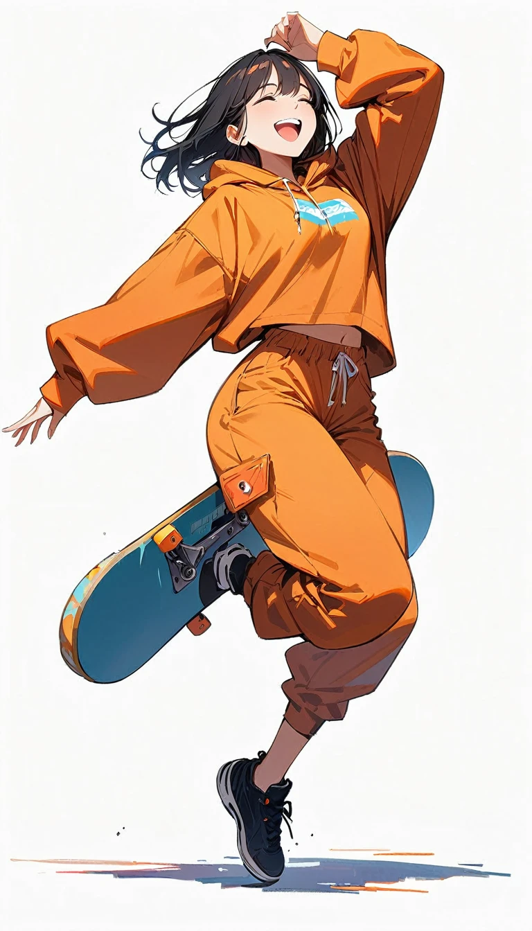 (masterpiece, best quality:1.2), 1 girl, alone, Expression of joy, laugh, baggy jumper, short, skateboard, full body, simple background, simple background,