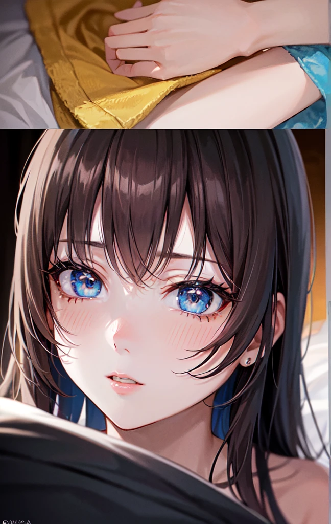 work of art, high resolution, highest quallity, illustration, cinematic light, ultra detaild, face detailed, (((detailedeyes))), best qualityer, hyper detailled, work of art, (face detailed), Alisa Kujou, 1 girl, long hair, blue colored eyes, no clothes just a towel on the bed