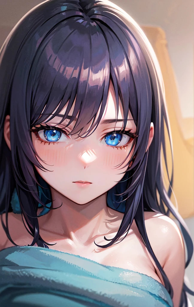 work of art, high resolution, highest quallity, illustration, cinematic light, ultra detaild, face detailed, (((detailedeyes))), best qualityer, hyper detailled, work of art, (face detailed), Alisa Kujou, 1 girl, long hair, blue colored eyes, no clothes just a towel on the bed