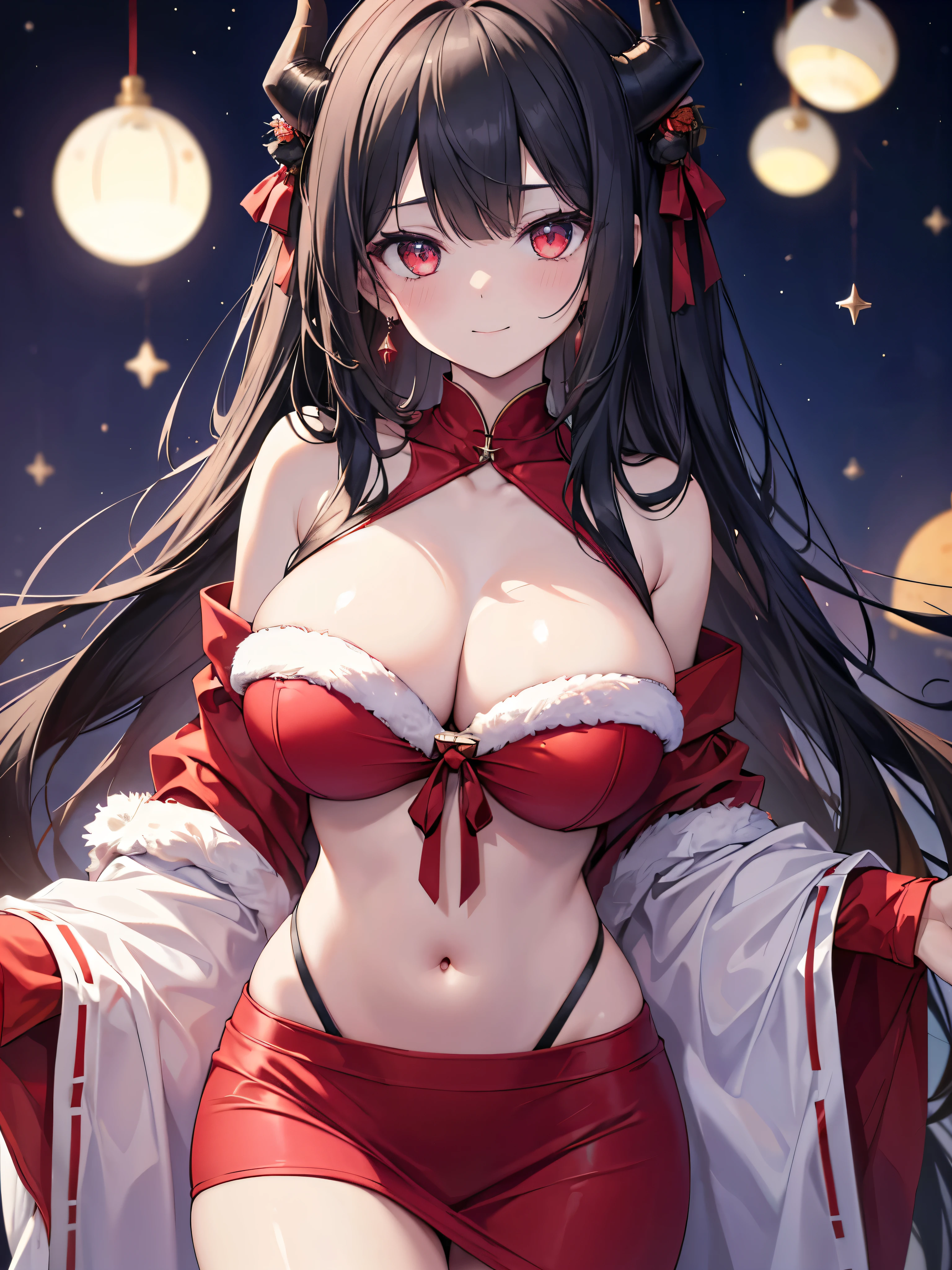8K, top-quality, Real Image, intricate detailes, The ultra-detailed, 超A high resolution, Depth Field,(Photorealsitic,realisitic:1.2),masterpiece, 0.25 :: a closeup , straight-on shot , , 1girl in, , an extremely beautiful , sharp eye,Demon Horns , ,Straight bangs,A darK-haired,Black straight long hair,scarlet eyes, perfect glossy skin, flawless skin, fair white skin, breastsout, , narrow waists, thin blush, solo, looking at the viewers, Archaic Smile, The Perfect Five Fingers, large boob,,Glowing face,Christmas,Santa Clothes