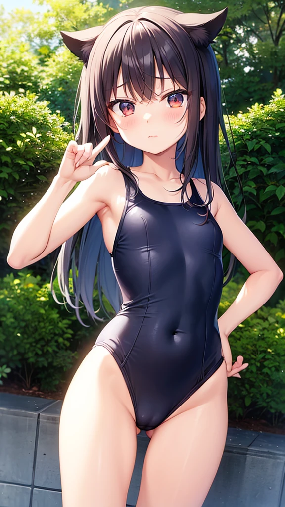 Rin around  old々A beautiful anime-style girl is wearing a small school swimsuit with a shy face and is pointing her butt towards you.。Nipples and navel are visible。pussy line。
Nipples are erect