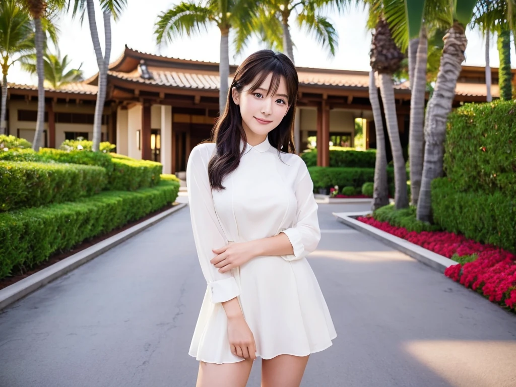 A live-action photo shoot of a very beautiful Japanese high school girl race queen highlighting her large breasts and beautiful legs at the entrance of a five-star resort hotel in Hawaii.、Wearing outfits prepared by top stylists, labia photos are taken、She is an eternal idol who combines a clean look with modern charm.。 She creates such beauty。 She feels her own warmth。 She creates a warm atmosphere。 We create beauty。 That's what I want to say。 In her full body photo、The figure features porcelain-like skin and golden hair that radiates a soft glow.。 This is probably、It captured the essence of her timeless charm.、This is the best shot ever.。 Each straight line and curve is carefully expressed.、Breathtakingly beautiful with impeccable detail。 This piece perfectly captures her timeless beauty.。 Divine Proportions、Sharp focus、Full-body photo taken by Kishin Shinoyama、high quality、High resolution、Detailed Background