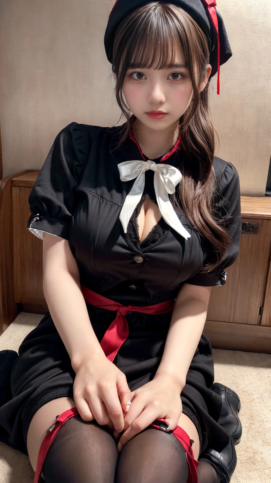 (absurdres:1.3), (highres:1.3), (ultra detailed:1.3),(1girl:1.3), (extremely detailed CG unity 8k wallpaper:1.3), (detailed skin texture, detailed cloth texture, detailed hair texture), (beautiful detailed face, supermodel, pale skin, realistic glistening skin), (RAW photo, best quality), (realistic, photo-realistic:1.4), masterpiece, extremely delicate and beautiful,Amazing, finely detail, extremely detailed CG unity 8k wallpaper, huge filesize, ultra-detailed, highres, absurdres, soft light,rim light, vibrant details, hotel room, straight hair, large breasts, black hair color, Big Natural Color Lip, (perfect body shape), beautiful legs, BREAK (black and red theme:1.4), (black sundress:1.5), (black sailor collar:1.4), ((short sleeve, bishop-sleeve):1.3), (black beret with white ribbon:1.4), (red tie:1.3), (double-breasted on (dress, skirt):1.3), ((red ribbon, white large-button):1.3), (red line on dress:1.2),
BREAK ((dark-brown pantyhose, loafers):1.2), crying a little、Harajuku style、20 year old girl、cute type、ta、