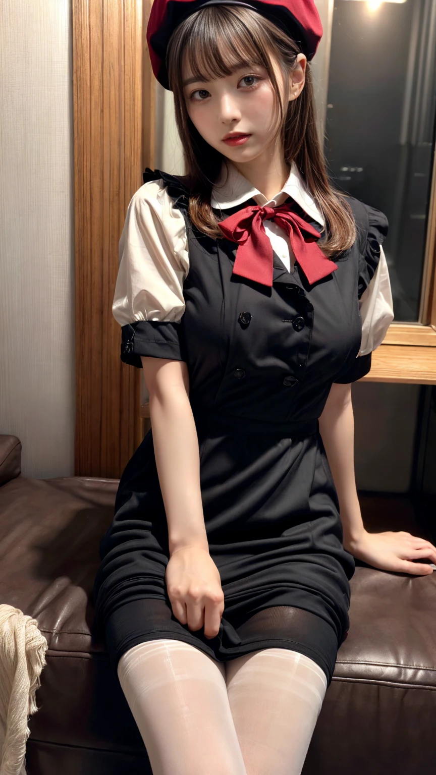 (absurdres:1.3), (highres:1.3), (ultra detailed:1.3),(1girl:1.3), (extremely detailed CG unity 8k wallpaper:1.3), (detailed skin texture, detailed cloth texture, detailed hair texture), (beautiful detailed face, supermodel, pale skin, realistic glistening skin), (RAW photo, best quality), (realistic, photo-realistic:1.4), masterpiece, extremely delicate and beautiful,Amazing, finely detail, extremely detailed CG unity 8k wallpaper, huge filesize, ultra-detailed, highres, absurdres, soft light,rim light, vibrant details, hotel room, straight hair, large breasts, black hair color, Big Natural Color Lip, (perfect body shape), beautiful legs, BREAK (black and red theme:1.4), (black sundress:1.5), (black sailor collar:1.4), ((short sleeve, bishop-sleeve):1.3), (black beret with white ribbon:1.4), (red tie:1.3), (double-breasted on (dress, skirt):1.3), ((red ribbon, white large-button):1.3), (red line on dress:1.2),
BREAK ((dark-brown pantyhose, loafers):1.2), crying a little、Harajuku style、20 year old girl、cute type、lolita、
