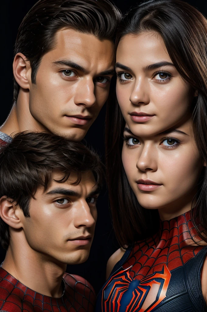 A photograph of spider man with spidervgirl, no mask, 20 yo, handsome, detailed faces, looking at camera, portrait, 8k uhd, high quality