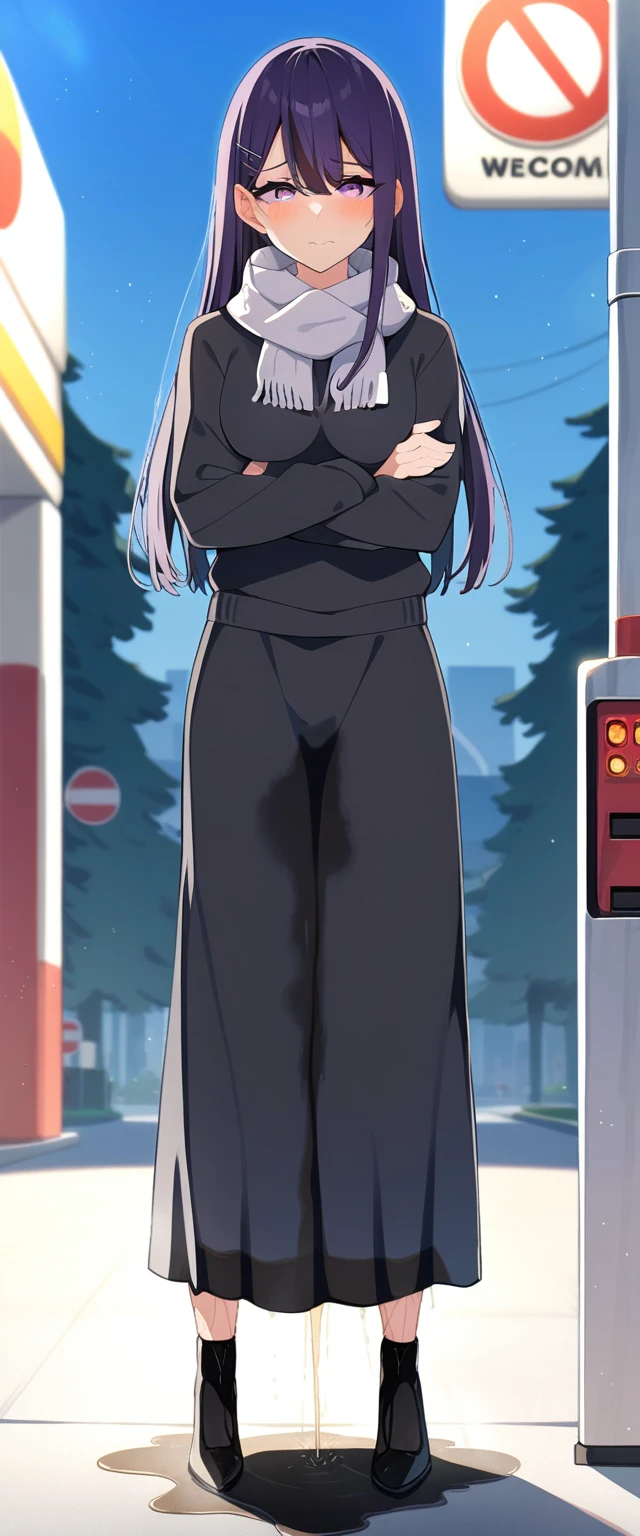 (masterpiece:1.37), best quality, (extremely detailed:1.37), (1girl:1.5), woman, (mature:1.5), (adult:1.5), large breasts, very long hair, (straight hair:1.5), (very dark purple hair:1.5), purple eyes, (extremely detailed eyes:1.37), sweater, scarf, very long dress, desperation, (wetting self:1.5), standing, (crossed arms:1.5), embarrassed, humiliation, blushing, angry, gas station, snowing, street, golden hour, full body