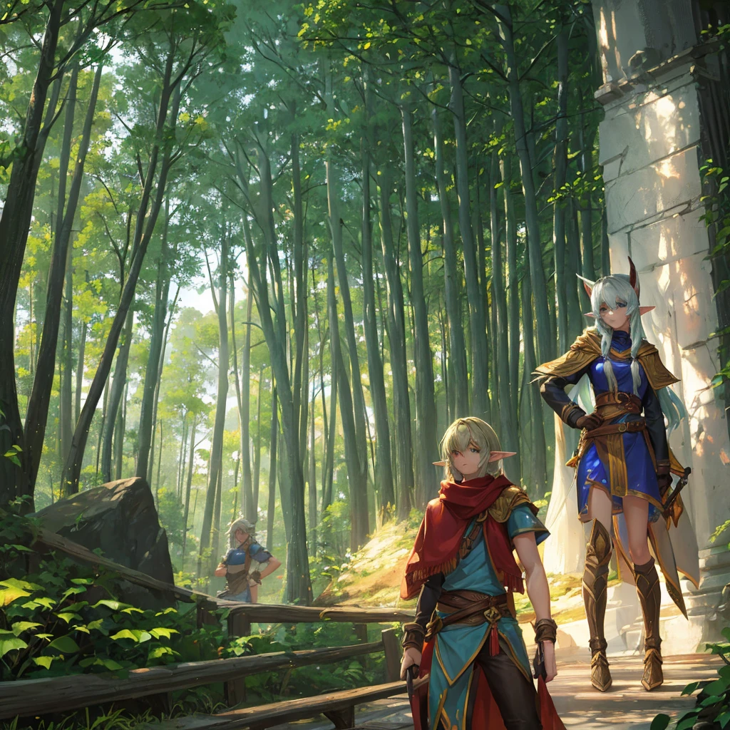 Create a slightly weak looking elf with age features in male and female versions against the background of a semi-realistic forest.