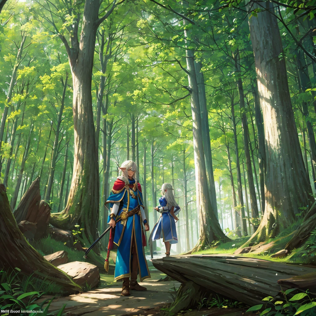 Create a slightly weak looking elf with teenage features in male and female versions against the background of a semi-realistic forest. 