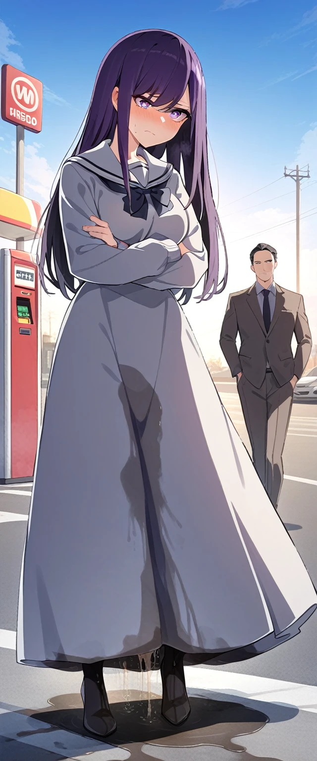 (masterpiece:1.37), best quality, (extremely detailed:1.37), (1girl:1.5), woman, (mature:1.5), (adult:1.5), large breasts, very long hair, (straight hair:1.5), (very dark purple hair:1.5), purple eyes, (extremely detailed eyes:1.37), sweater, scarf, very long dress, desperation, (wetting self:1.5), standing, (crossed arms:1.5), embarrassed, humiliation, blushing, angry, gas station, snowing, street, golden hour, full body