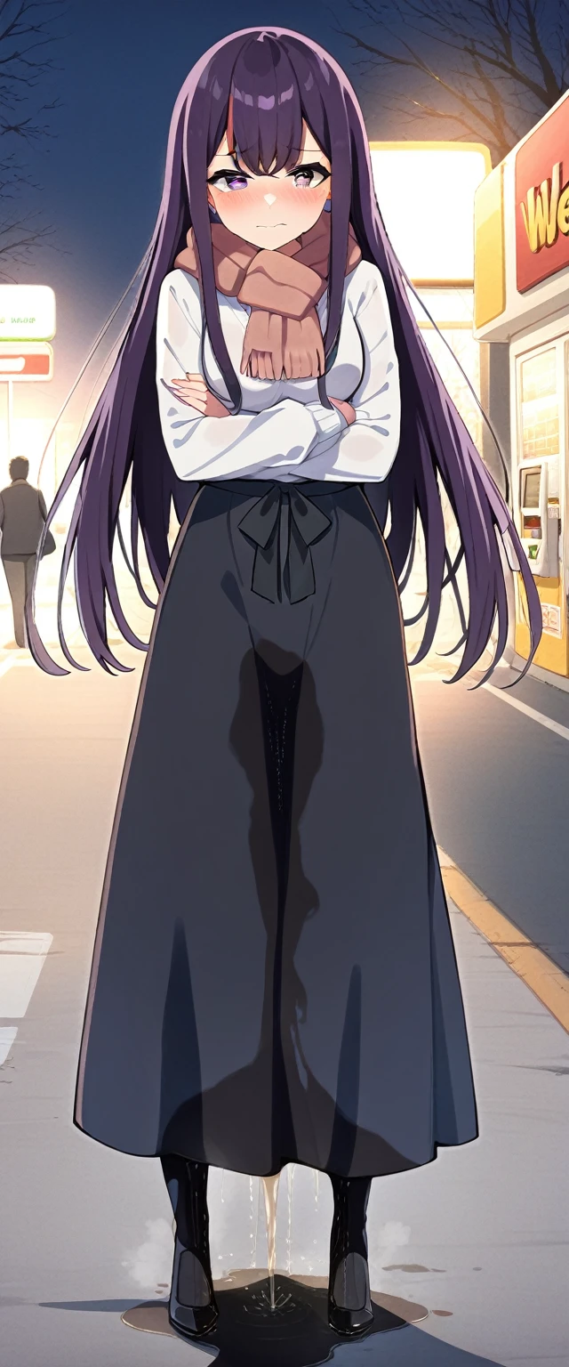 (masterpiece:1.37), best quality, (extremely detailed:1.37), (1girl:1.5), woman, (mature:1.5), (adult:1.5), large breasts, very long hair, (straight hair:1.5), (very dark purple hair:1.5), purple eyes, (extremely detailed eyes:1.37), sweater, scarf, very long dress, desperation, (wetting self:1.5), standing, (crossed arms:1.5), embarrassed, humiliation, blushing, angry, gas station, snowing, street, golden hour, full body