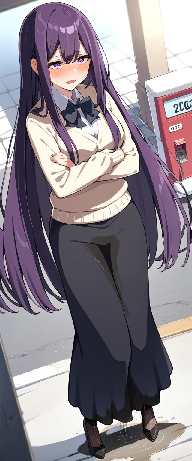 (masterpiece:1.37), best quality, (extremely detailed:1.37), (1girl:1.5), woman, (mature:1.5), (adult:1.5), large breasts, very long hair, (straight hair:1.5), (very dark purple hair:1.5), purple eyes, (extremely detailed eyes:1.37), hoodie, jeans, desperation, (wetting self:2.0), standing, embarrassed, humiliation, blushing, angry, (crossed arms:1.5), office, indoors, window, cityscape, full body