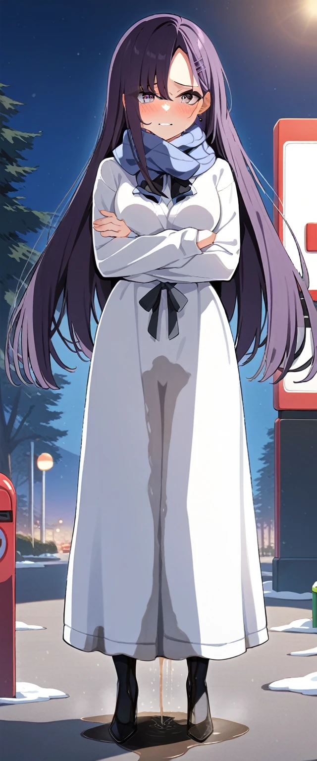 (masterpiece:1.37), best quality, (extremely detailed:1.37), (1girl:1.5), woman, (mature:1.5), (adult:1.5), large breasts, very long hair, (straight hair:1.5), (very dark purple hair:1.5), purple eyes, (extremely detailed eyes:1.37), sweater, scarf, very long dress, desperation, (wetting self:1.5), standing, (crossed arms:1.5), embarrassed, humiliation, blushing, angry, gas station, snowing, street, golden hour, full body