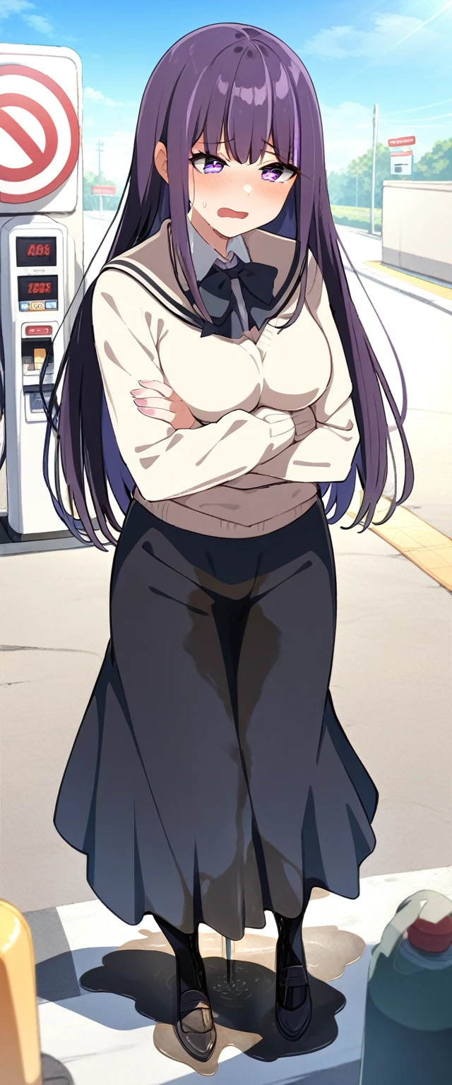 (masterpiece:1.37), best quality, (extremely detailed:1.37), (1girl:1.5), woman, (mature:1.5), (adult:1.5), large breasts, very long hair, (straight hair:1.5), (very dark purple hair:1.5), purple eyes, (extremely detailed eyes:1.37), sweater, scarf, very long dress, desperation, (wetting self:1.5), standing, (crossed arms:1.5), embarrassed, humiliation, blushing, angry, gas station, snowing, street, golden hour, full body