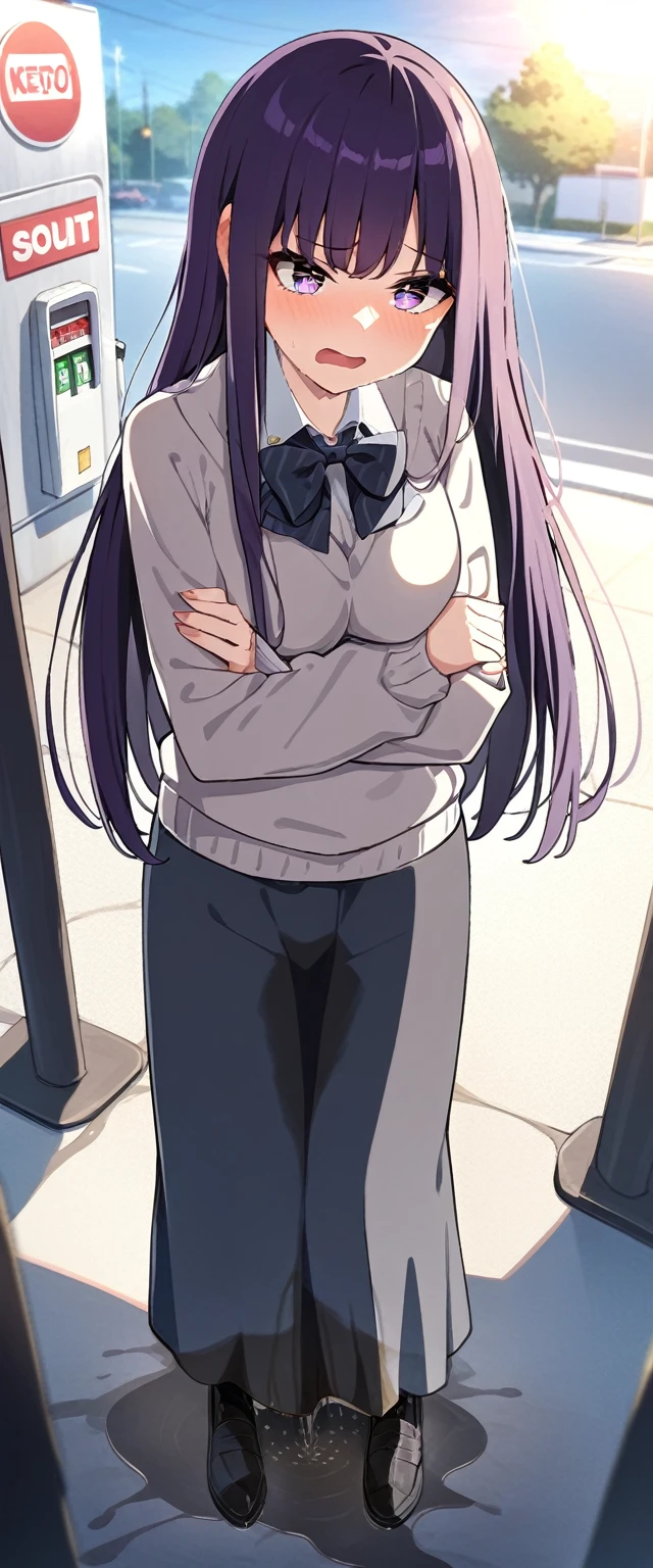 (masterpiece:1.37), best quality, (extremely detailed:1.37), (1girl:1.5), woman, (mature:1.5), (adult:1.5), large breasts, very long hair, (straight hair:1.5), (very dark purple hair:1.5), purple eyes, (extremely detailed eyes:1.37), sweater, scarf, very long dress, desperation, (wetting self:1.5), standing, (crossed arms:1.5), embarrassed, humiliation, blushing, angry, gas station, snowing, street, golden hour, full body