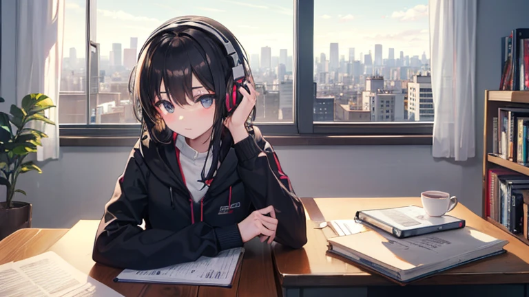 Kizi, 20 year, black hair, eyes browns, Wearing Headphones, studying at your desk, with notebook, laptop and 2 books, a cup of tea, next to a large window with a view of the city.