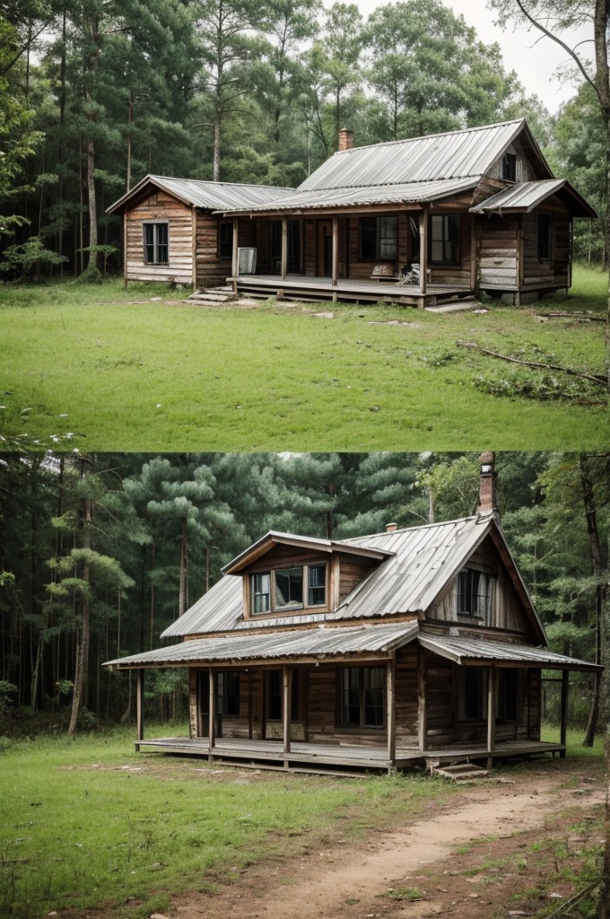 Simple one-story house very neglected with a dog and little grass in a forest