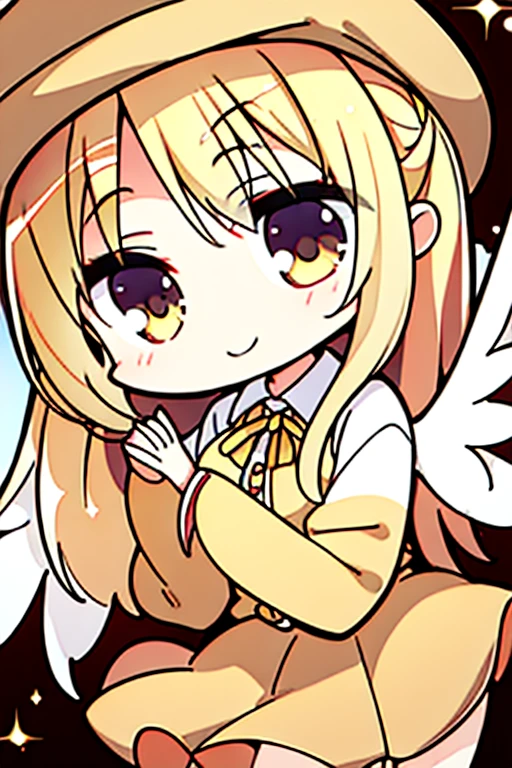 Perfect face. Perfect hands. A blonde haired female angel with hazel eyes and golden wings in a conservative cowgirl outfit is smiling while tipping her cowgirl hat at night in a wild west town