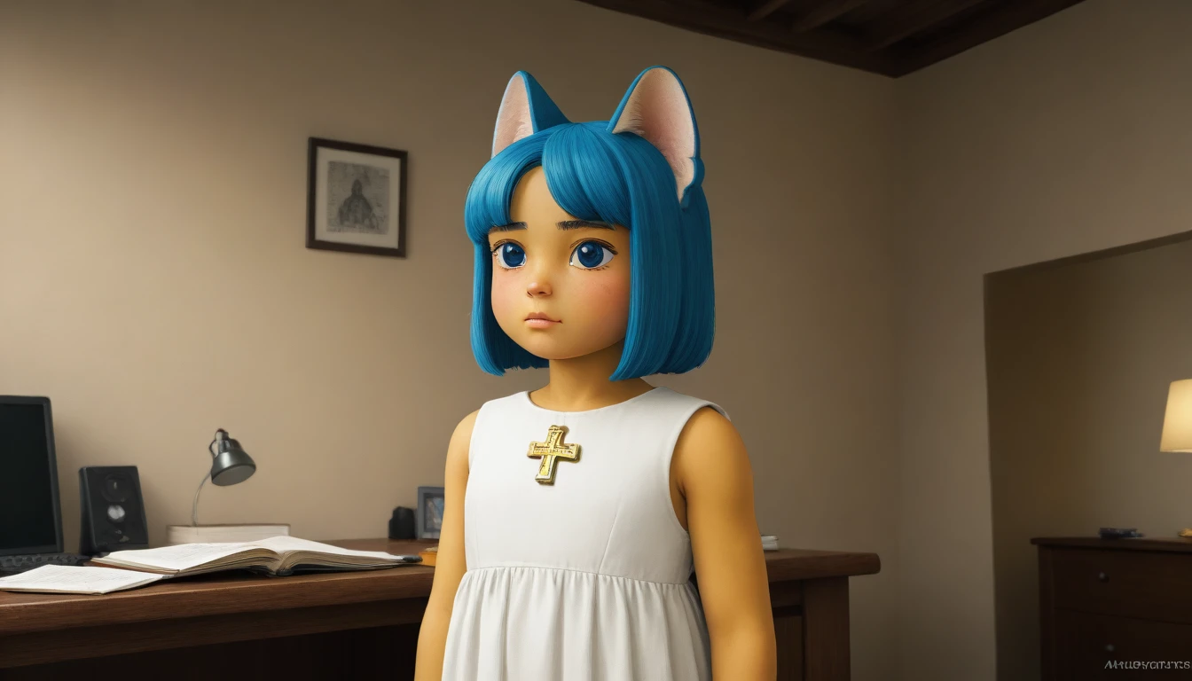 Eye, Animal Crossing Muscle, hairy, Blue Hair, Hair accessories, Yellow skin, 黑Eye, White Dress, Tail, Looking at the audience, Serious, Cross your legs, from_below, His sofa, Inside the living room, Hieroglyphics, high quality, masterpiece, 1 Girl，Cat ears，Dark skin tone，clothing，earrings，Jackal ears，Jewelry，Long hair, White Dress, Sit at your desk, She wrote a heartfelt letter, Her expression is both nostalgic and wistful, Dramatic Lighting, Detailed background, masterpiece, best quality, high quality, absurd, The award-winning, professional, Very detailed