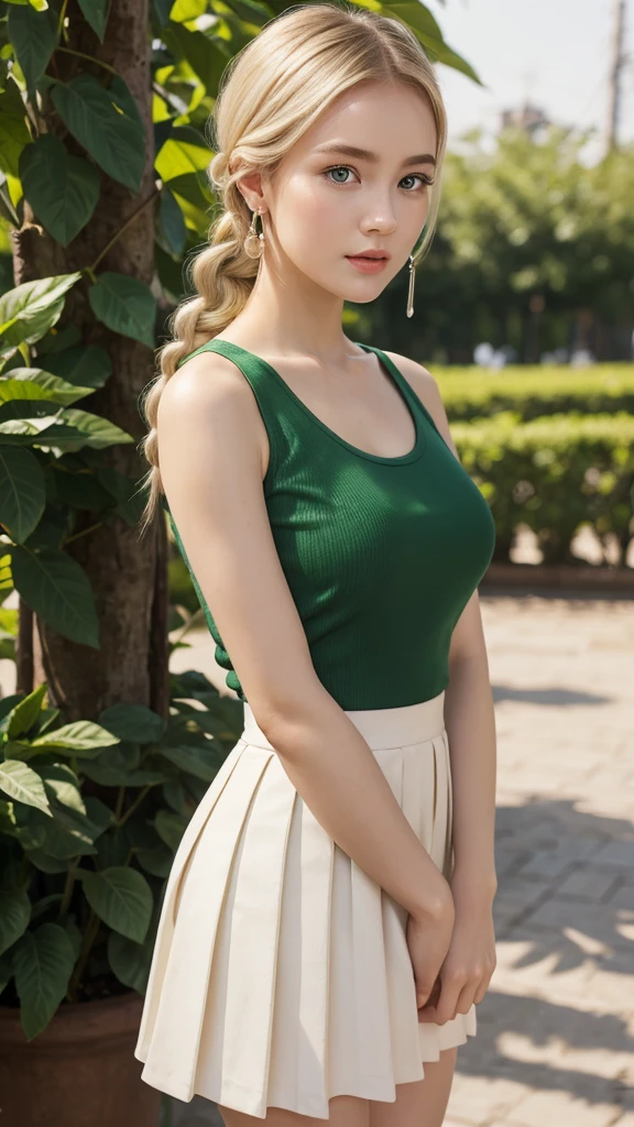 portrait, angle shot, thực tế, Extremely detailed face, a girl, Europe, plump face, Oval face, charming eyes, gentle expression, green eyes, gentle red lips, extremely white skin, (very white skin), tear drop earrings, green hair, side braid hairstyle, collarbones, hở vai, tank top, pleated short skirt, Elegant and seductive standing posture