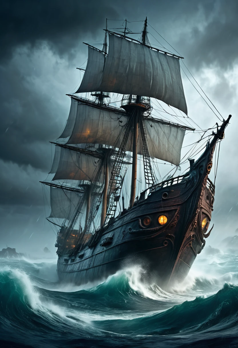 Dark fantasy world view.Ghost Ship of Tattered Sails.Heavy rain and big waves.Giant Octopus