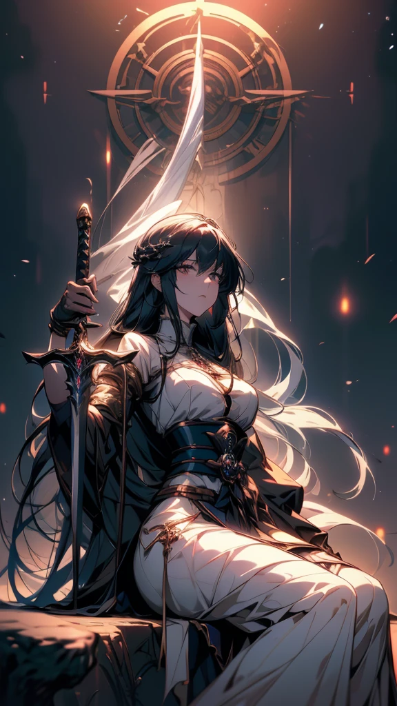 Woman in white dress sitting on a rock holding a sword, Masterpiece Goddess of Sorrow, Gothic Maiden Anime Girl, From Arknights, Anime Goddess, Shadowverse Style, Spectacular artwork of anime, Detailed Key Anime Art, Detailed anime art, Gwaiz, She has a sword, 8k high quality detailed art, Fate-like anime style/Stay Night