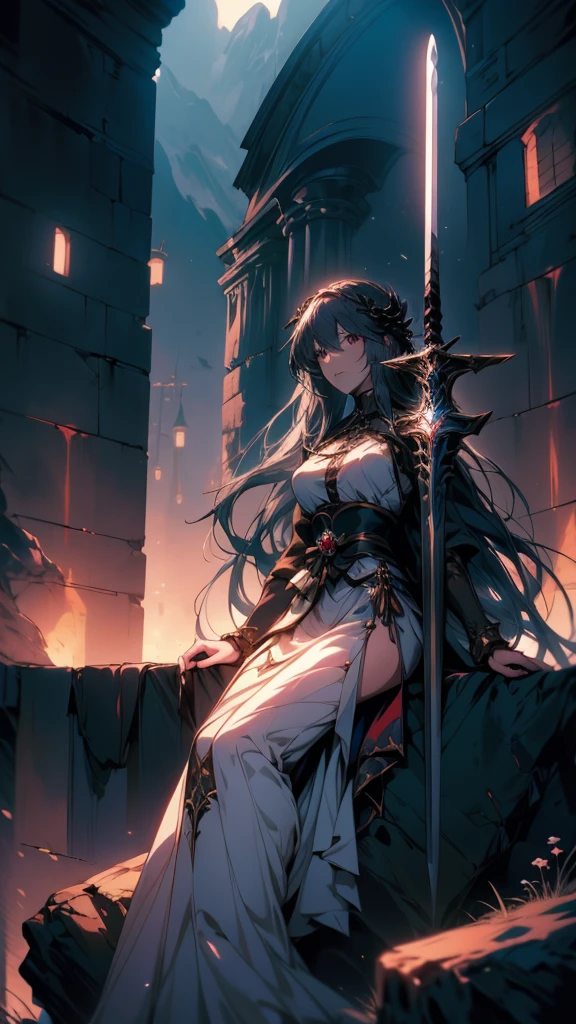 Woman in white dress sitting on a rock holding a sword, Masterpiece Goddess of Sorrow, Gothic Maiden Anime Girl, From Arknights, Anime Goddess, Shadowverse Style, Spectacular artwork of anime, Detailed Key Anime Art, Detailed anime art, Gwaiz, She has a sword, 8k high quality detailed art, Fate-like anime style/Stay Night