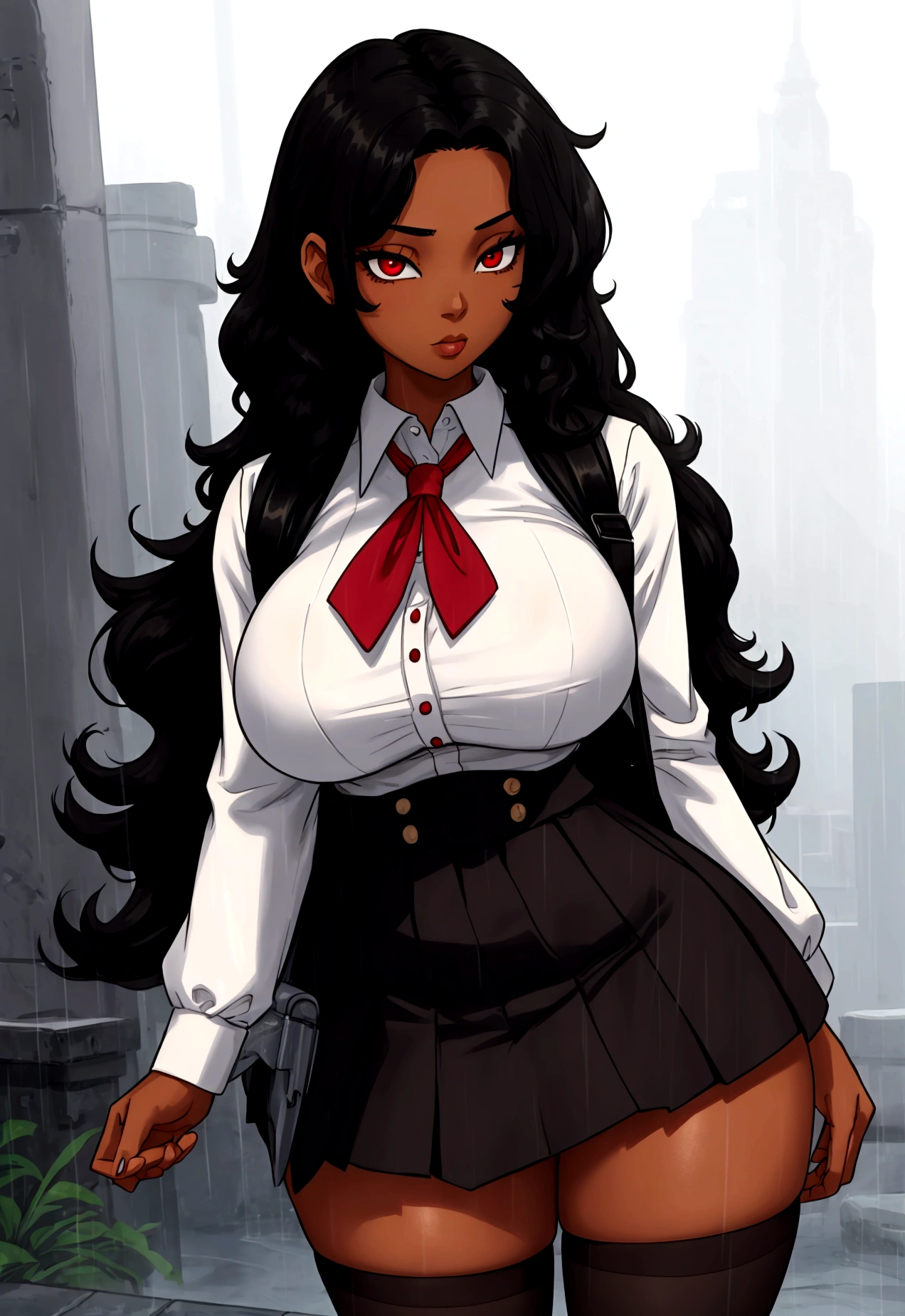Girl with very long curly black hair, red eyes, BROWN SKIN , big breasts, thin waist, big hips, white blouse, black school skirt , black stockings, black backpack, tomorrow with rain.