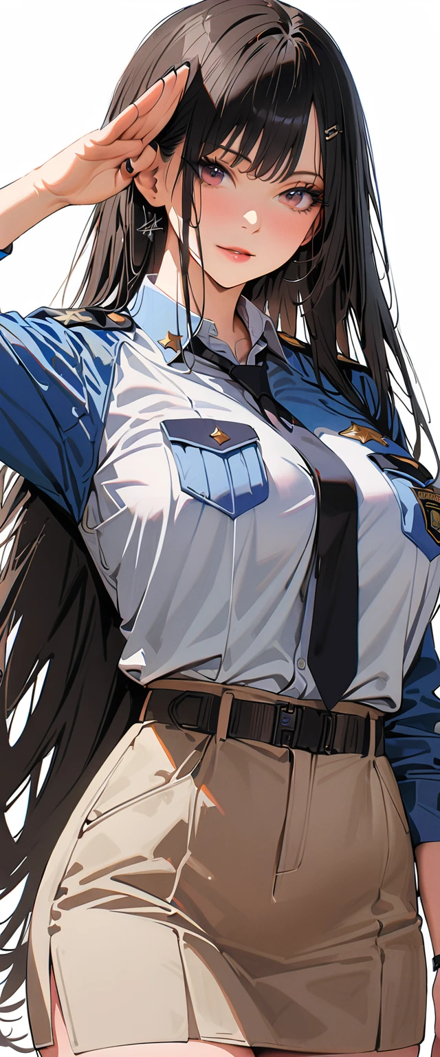 20 years old,1 mature woman,hyperrealistic, 8k, (extremely detailed 8k), (very delicate and beautiful), (masterpiece), (better quality:1.0), (ultra high resolution:1.0), (masterpiece, best quality),cute,black hair,cowboy shot,white background,realistic skin,big breasts,black nail,extra long hair,salute,police officer