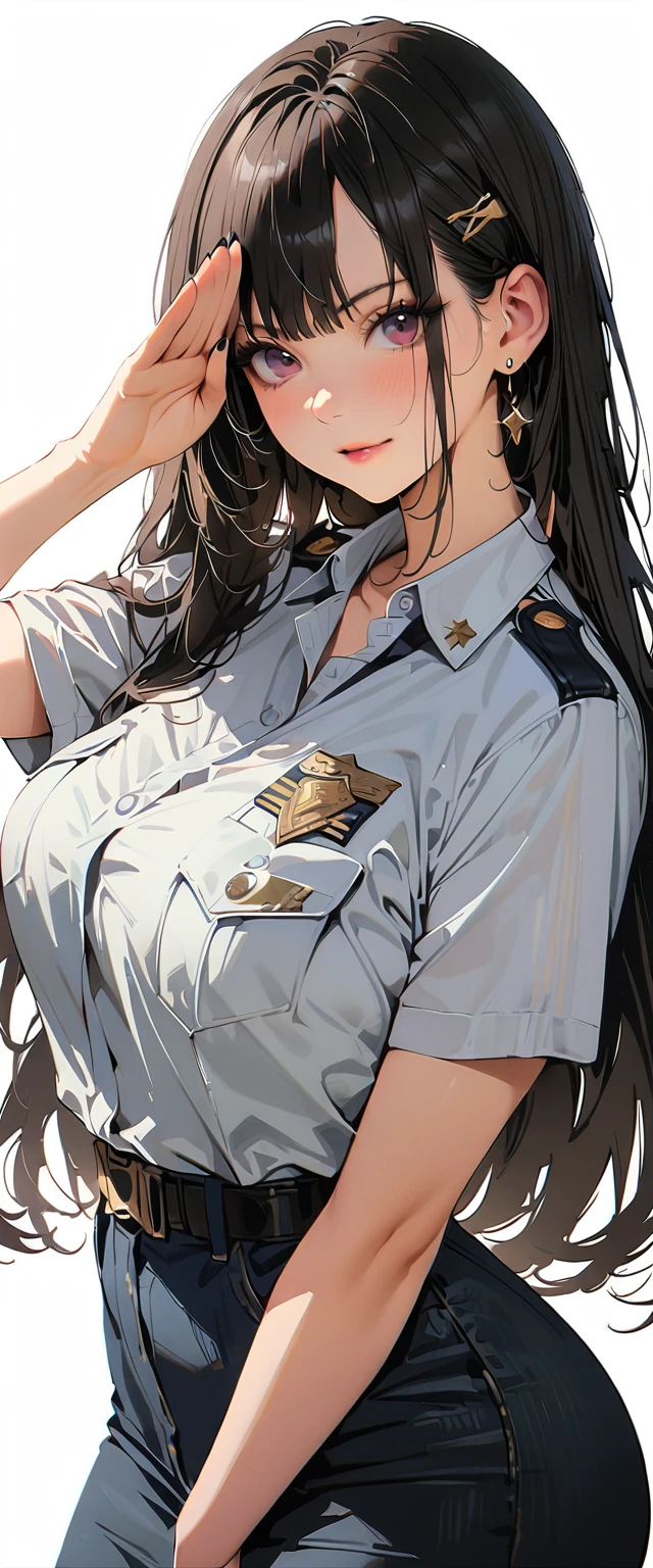 20 years old,1 mature woman,hyperrealistic, 8k, (extremely detailed 8k), (very delicate and beautiful), (masterpiece), (better quality:1.0), (ultra high resolution:1.0), (masterpiece, best quality),cute,black hair,cowboy shot,white background,realistic skin,big breasts,black nail,extra long hair,salute,police officer