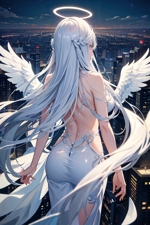 masterpiece, Highest quality, High resolution,Anime Style、Follow the prompts、Silver Hair、Long Hair、Angel、Halo、Three pairs of pure white wings growing from its back、Hold your hand、Hovering above the city、Overlooking the city、Almost Naked、I can see your back、The angle is from behind