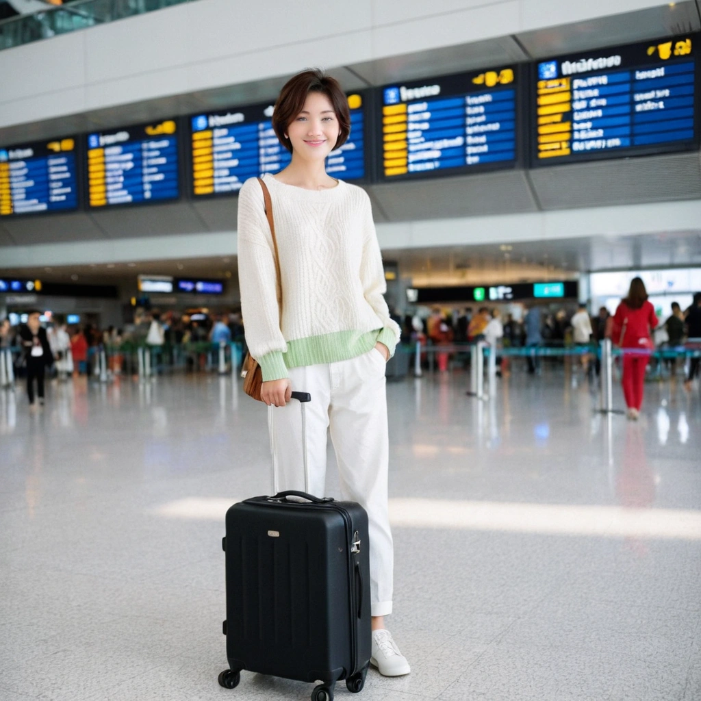 beautiful korean girl , 32 inch chest size, Your eyes are big and pretty. Short in stature. Standing in the departure hall of the airport. . short medium hair, Standing in line at the departure hall of Frankfurt Airport, Germany. He wore a white shirt, a green jumper, and white casual pants.s.Dragging a suitcase. short medium hair, short height, Full body shot with Canon camera 16-35 wide angle lens, short medium hair. expressionless, full body shot, perfect fingers, Make the airport electronic display visible, 멀리 full body shot, uhd