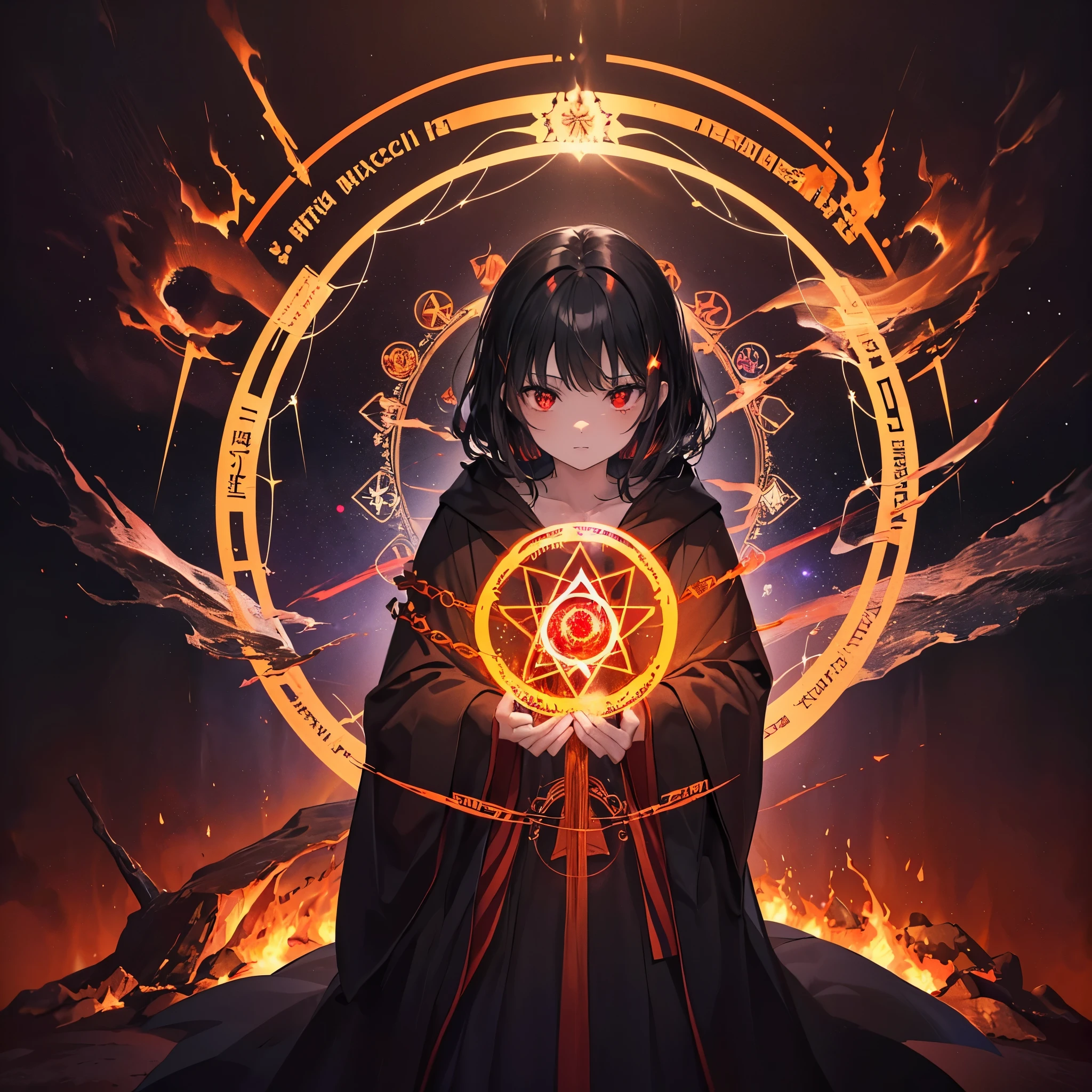 ((((witch))))　(((wand of flame　magic circle background)))　((Black Hair　witchの帽子　Red eyes　Center　Center close-up))　((Big Explosion　fire))　(Magic Robe　Black Hole)　incantation　Runes　Shining Background　Shining Edge