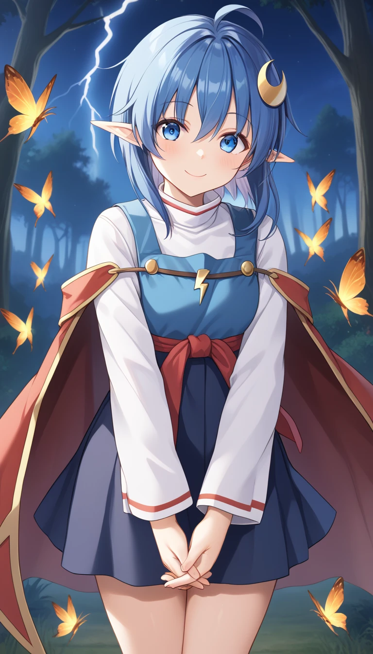 1girl, RENA LANFORD, 1GIRL, AHOGE, BLUE HAIR, SHORT HAIR, BLUE EYES, POINTY EARS
CRESCENT HAIR ORNAMENT, RED CAPE, BLUE VEST, LEATHER ARMOR, RED RIBBON, WAIST RIBBON, BLUE SKIRT, MINISKIRT, SHOES, BREAK kawaii, smile, cowboy shot, own hands clasped, forest, night, lightning bug, light particle, BREAK detailed face, smooth skin, cinematic lighting, volumetric shadow, BREAK score_9,